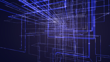 Digital grid structure of intersecting blue lines and glowing points forming abstract 3D network