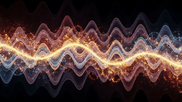 Abstract glowing sound wave pattern with vibrant colors on dark background