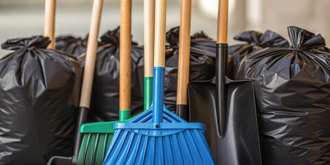Cleaning tools and garbage bags arranged for waste management or cleanup activities.