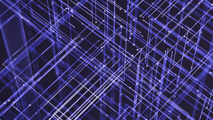 Cyber-themed structure of geometric lines in blue-purple palette forming dense network