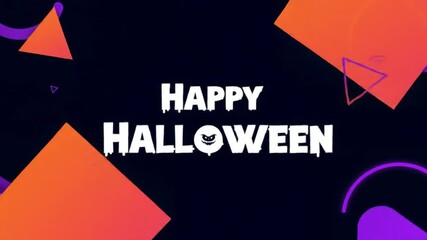Modern abstract motion graphic featuring "Happy Halloween" text in a spooky dripping font with a bat icon, surrounded by floating orange squares and purple geometric shapes on a dark background.
