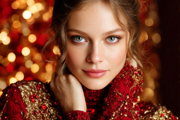 High-End Fashion Christmas Portrait of Elegant Female Model in Festive Holiday Look with Luxury Style and Winter Atmosphere