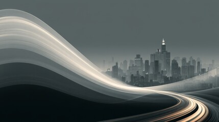 Minimalist academic conference poster with city skyline silhouette, glowing data flow curves, low-saturation deep gray and indigo tones, smooth professional design, high contrast layout