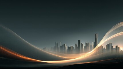 Minimalist academic conference poster with city skyline silhouette, glowing data flow curves, low-saturation deep gray and indigo tones, smooth professional design, high contrast layout