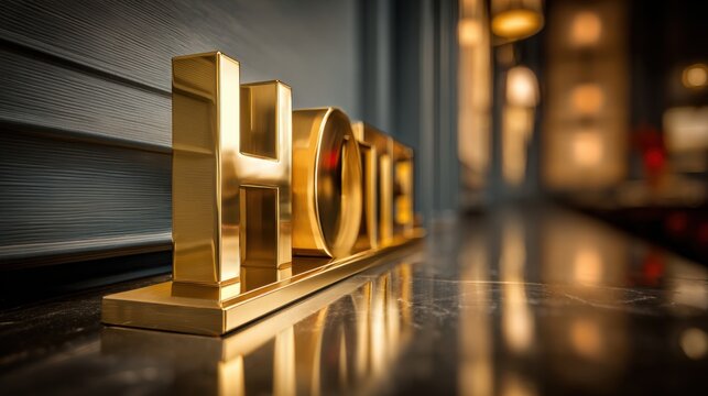 Elegant gold hotel sign on a marble countertop in a stylish lobby during evening hours