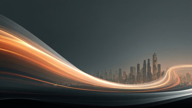 Minimalist academic conference poster with city skyline silhouette, glowing data flow curves, low-saturation deep gray and indigo tones, smooth professional design, high contrast layout