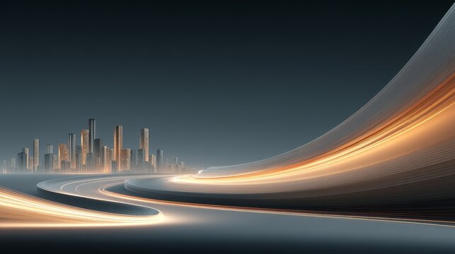 Minimalist academic conference poster with city skyline silhouette, glowing data flow curves, low-saturation deep gray and indigo tones, smooth professional design, high contrast layout