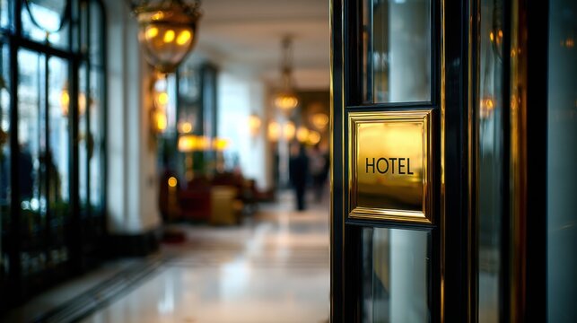 Elegant hotel entrance with golden signage captures welcoming atmosphere and luxury experience