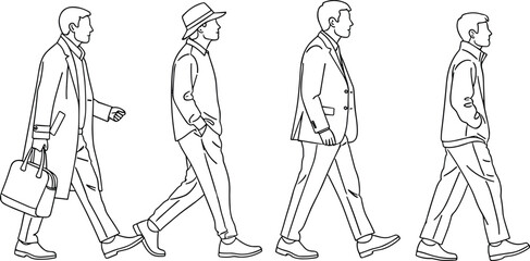 Walking male figure illustration set, fashion styles, casual and formal outfits, line art, vector artwork, white background