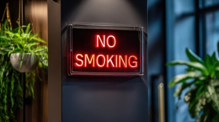 Bright no smoking sign illuminated in a modern indoor space with greenery, encouraging a healthy environment