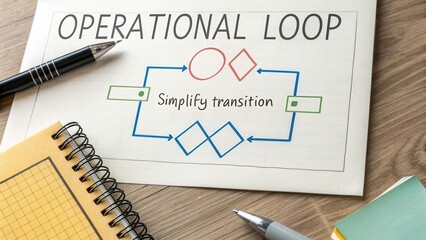 Operational Loop Diagram with Transition Simplification on Desk with Stationery and Wood Background for Business Process Management