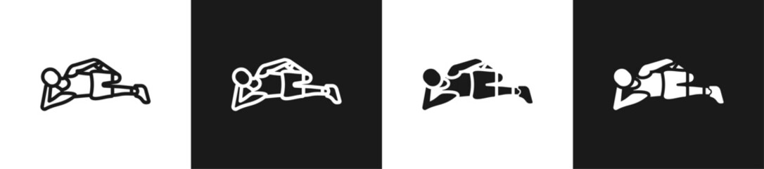Lying Side Stretch Line And Solid Version Icon Set With Black And White Background