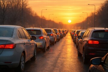 Obraz premium winter traffic jam during golden hour, where warm sunlight reflects off icy roads and frosted car roofs. The glowing sunset and cold atmosphere