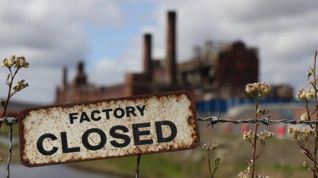 Factory closure sign with abandoned industrial building in the background during daylight