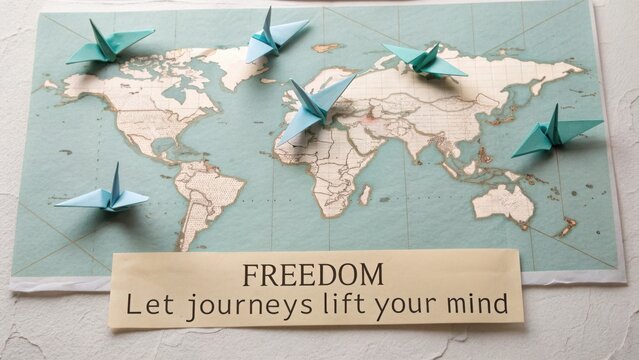 Paper origami cranes over a vintage world map with a motivational quote about freedom and journeys inspiring exploration