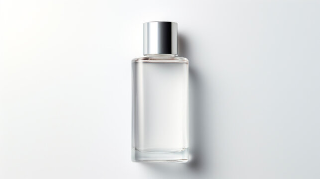 minimalist, skincare product, white glass bottle, silver cap, cosmetic, container, toner bottle, cosmetic bottle, skincare, transparent bottle, clear bottle