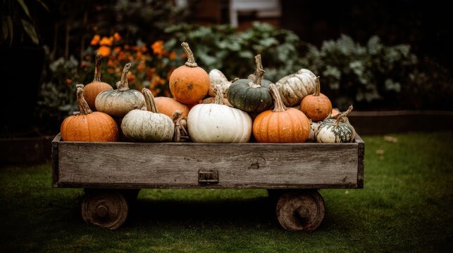 Colorful pumpkins arranged in a wooden cart in a garden during the autumn season