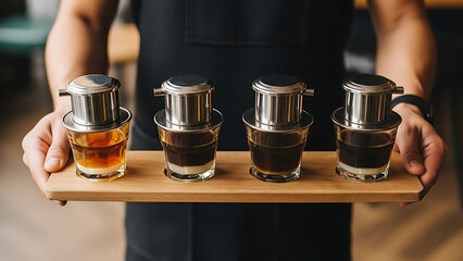 Coffee Tasting A Server Holds a Tray of Vietnamese Coffee Drippers with Glasses Displayed