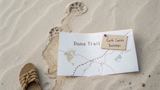 Sand Dune Trail Map with Footprints on Beach, Nature Exploration and Adventure Concept, Travel Inspiration for Outdoor Activities