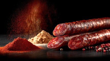 Quality sausages with vibrant spices set against a dark backdrop for culinary inspiration and flavor enhancement