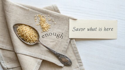 Spoon of grains on napkin with message savor what is here, promoting mindfulness and appreciation in everyday life