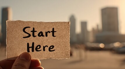 Note Saying Start Here Held by a Hand in Front of a Blurred City Background Representing New Beginnings and Motivation