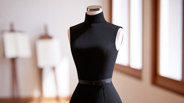 Black dress on a mannequin in a bright design studio with wooden window frames during daylight