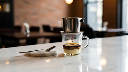 Vietnamese Coffee Brewing Condensed Milk Drip on Marble Counter
