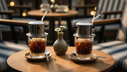 Two Vietnamese iced coffees, a traditional beverage served in metal filters over condensed milk, sit on a wooden table in a cozy cafe setting