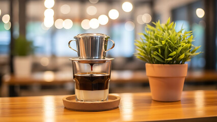 Vietnamese coffee brewing with a metal filter and condensed milk, served in a cafe