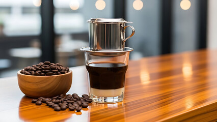 Aromatic Coffee with Condensed Milk Brewed Using a Phin Filter, Served with Roasted Coffee Beans