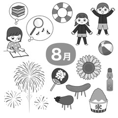 August Summer Monochrome Icon Set for Education and Seasonal Projects