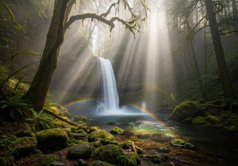 Majestic waterfall with rainbow and sunrays in a lush forest
