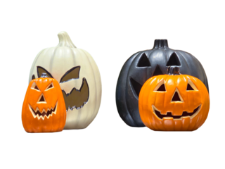 Ceramic Orange, White, and Black Halloween Pumpkin Lanterns with Evil Ghost and Skull Faces on Transparent Background