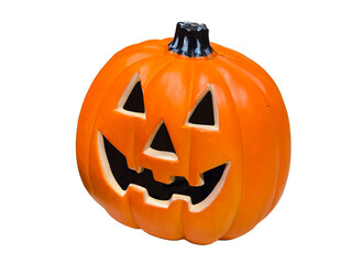 Orange Ceramic Halloween Pumpkin Lantern Decoration with Carved Ghost Face on Transparent Background