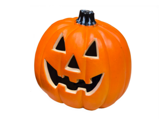 Orange Ceramic Halloween Pumpkin Lantern Decoration with Carved Ghost Face on Transparent Background