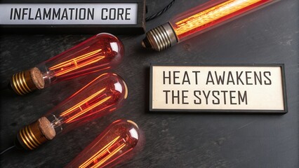 Vintage light bulbs and illuminated signage convey heat awareness and inflammation concepts in a creative arrangement