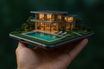 concept image of a modern luxury villa with a swimming pool resting on the screen of a smartphone held in a human hand, symbolizing the fusion of technology and high-end lifestyle