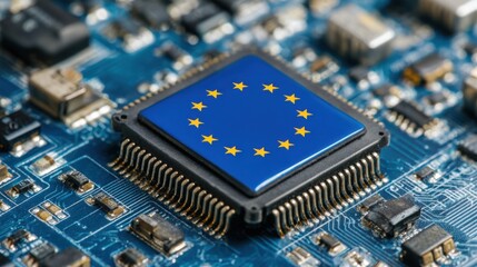 Microprocessor featuring European Union flag on a circuit board highlighting technology and innovation in Europe