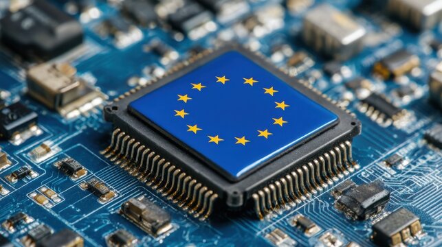Microprocessor featuring European Union flag on a circuit board highlighting technology and innovation in Europe