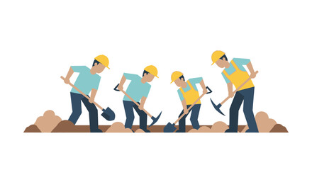 Diligent construction crew digging soil with shovels and pickaxes, wearing protective helmets, a vibrant symbol of teamwork and progress on site