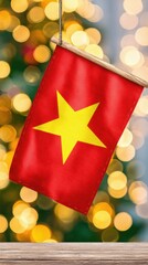Vibrant Vietnam flag displayed against a blurred festive background with twinkling lights