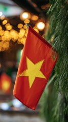 Vietnamese flag displayed with festive lights in a vibrant setting during a cultural event