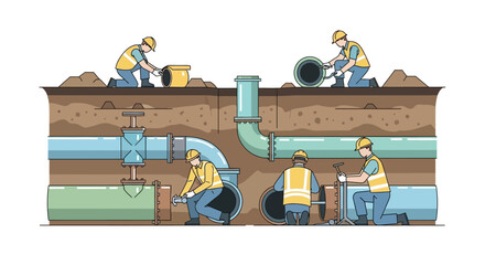 Skilled construction workers installing underground pipes with precision and expertise, ensuring seamless infrastructure and reliable utilities for future generations