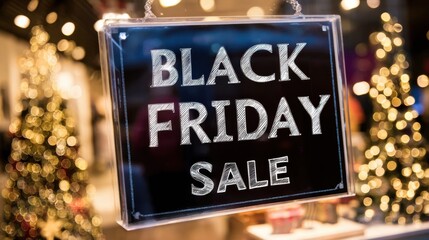 Black Friday sale sign displayed in a festive storefront with colorful holiday decorations and lights