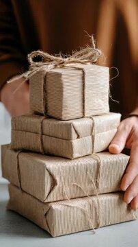 Stack of eco friendly gifts wrapped in brown kraft paper and tied with rustic twine, arranged on a light surface. A hand gently touches the top present, creating a cozy festive mood