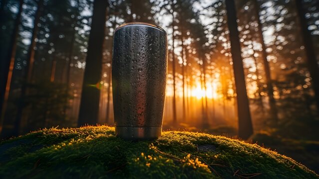 A cold metallic travel cup rests on vibrant green moss in a sunlit forest at dawn.