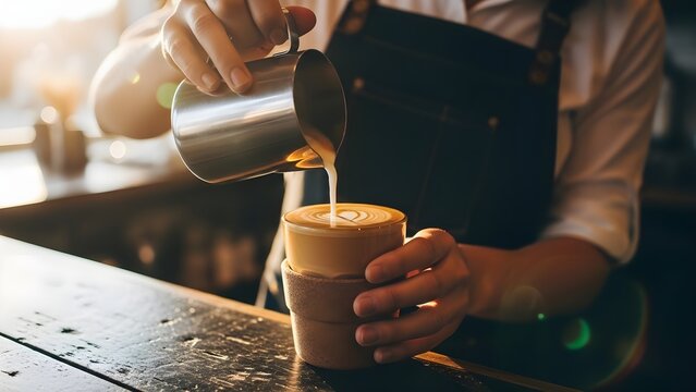 A barista pours steamed milk into a cup of coffee creating latte art in a cafe setting.
