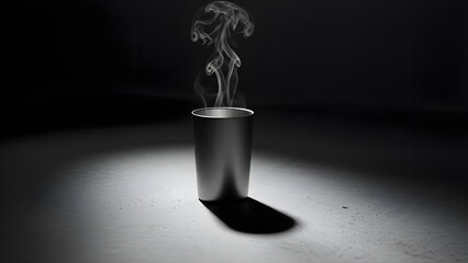 A steaming metal cup sits in a spotlight against a dark background.