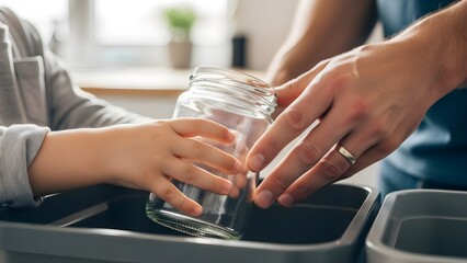 A child and an adult sort a glass jar into a recycling container.